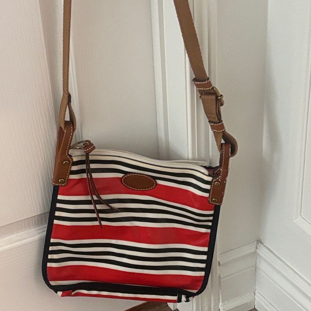 Fossil Red and Black Crossbody Bag with Striped Design